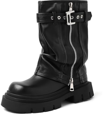YIYA Women's Black Platform Fold Over Biker Mid Calf Boots Belt Buckle Square Toe Chunky Heel Zipper Short Motorcycle Ankle Combat Boots
