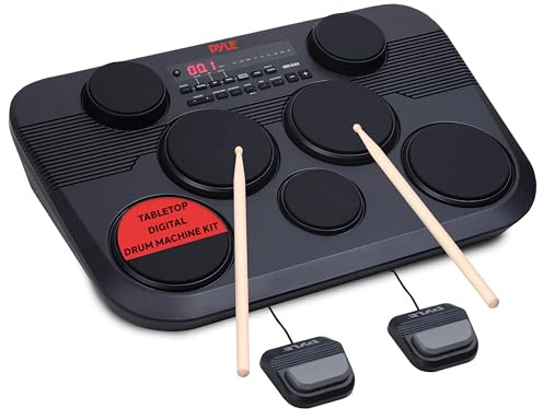 Pyle - Electronic Tabletop Digital Drum Set, Portable Compact Pad Kit with 7 Touch-Sensitive Pads and Pedals, 273 Sounds, USB Outputs & Headphones, Inputs