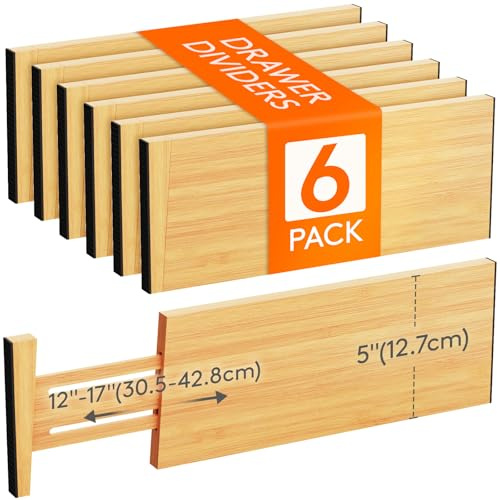 Lifewit 5 High 6 Pack Bamboo Drawer Dividers 33-42cm/13-16.5 Adjustable Wooden Drawer Organizer for Clothes/Utensils, Expandable Drawer Separator for Dresser/Kitchen/Bedroom/Office Organization