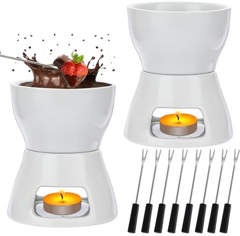 LYCN 2 Stück Schokofondue, Keramike Schokofondue-Topf-Set mit 2 Teelichter 8 Gabeln Aus Rostfreiem Stahl für Schokolade Käse Fondue Nachtisch Eintauchen von Obst, Weiß
