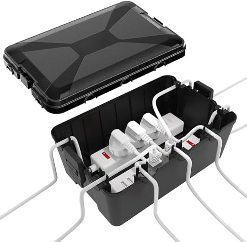 Grande scatola impermeabile per esterni IP54 con 7 fori per la protezione di prese esterne, interruttori esterni, cavi di prolunga, viti per montaggio a parete (33 x 21,2 x 13,2 cm, nero)
