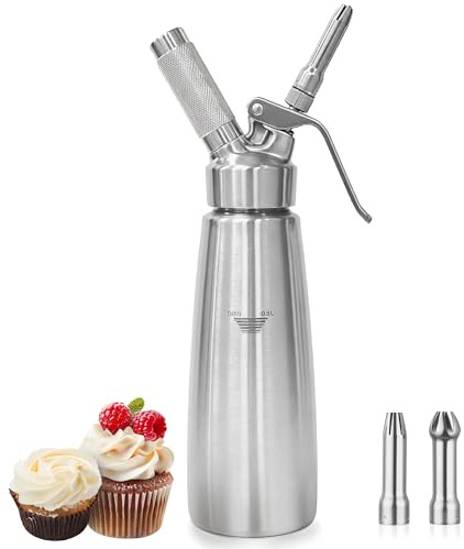 Whipped Cream Dispenser, Stainless Steel Whipped Cream Maker with 3 Decorating Nozzles 1 Brush, 500ML/1 Pint for Desserts (N2O Chargers Not Included)