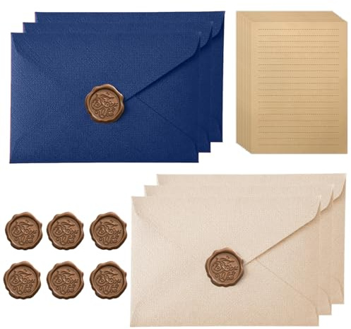 Papier à Lettres Vintage avec 6 Enveloppes, 10 Feuilles A5 & 6 Cachets de Cire, Set d'Écriture pour Mariage/Anniversaire (Bleu Foncé & Blanc Cassé)
