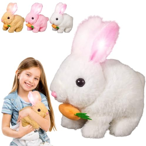 Interactive Rabbit Plush with Carrot,Easter Bunny Pet Hopping Plushie,Walking, Talking & Hopping Electronic Bunny,Cute Stuffed Animal Gift for Easter Birthday Play (White)