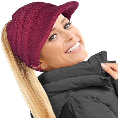 TOSKATOK Dam slouchy Peaked Hästsvans rörig knut stickad mössa hatt keps, MORELLO, one size