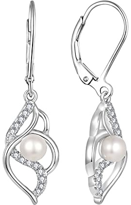 JO WISDOM Kvinnors oändliga pärlörhängen, 925 sterling silver fjäril spakback dinglande & droppe örhängen med 3A kubisk zirkonia, Pärla, Kubisk zirkon