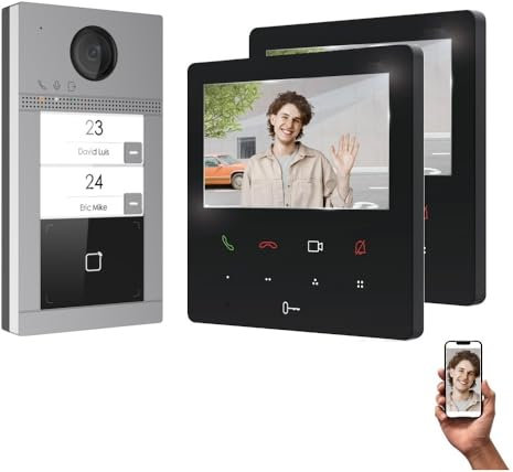 MATHFEL WLAN IP 2 Familienhaus Video Türsprechanlage, Unterputz-Türstation IP65, Full HD-Kamera 130°, Foto-/Video-Speicher, PoE-Switch, RFID Kartenleser, 2X 4,3'' Monitor