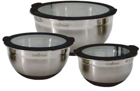 Grillfürst BBQ Edelstahlschüssel Set 3-teilig mit luftdichtem Glasdeckel und Messmarkierung - Rührschüsseln - Salatschüsseln - 1,25l, 2,25l, 4,0l