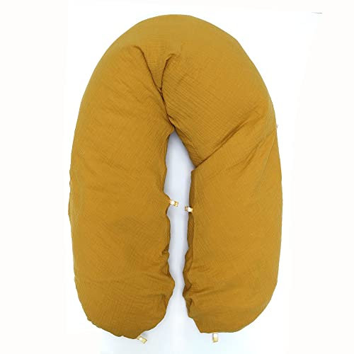 Blausberg Baby - Stillkissen Lagerungskissen mit Nestbau-Funktion, Musselin Bezug (abnehmbar) inkl. Das Original Theraline Stillkissen Inlay 190cm x 38cm (Senf Gelb)