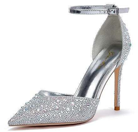 Zhabtuc Silber Strass Pumps für Damen Glitzer Knöchelriemen Stiletto Heels 10 cm/3,94 Inches Funkelnde Spitze Absatzschuhe Party Hochzeit Heels Brautschuhe Glänzende Stöckelschuhe, 39 EU