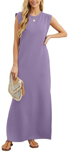 GRECERELLE Womens Summer Maxi Dress Casual Shirt Dresses Elegant Styles Basic Sleeveless Maxi Dresses for Women UK with Split and Pockets (Lilac, M)