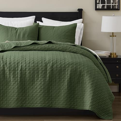 palassio Olive Green 100% Cotton Quilt King Size Bedding Sets with 2 Pillow Shams, Textured Lightweight Soft Bedspread Shabby Chic Coverlet, Quilted Comforter Bed Cover for All Season, 3 Pieces