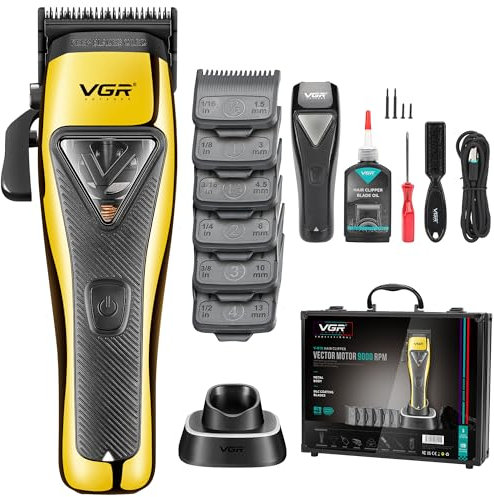 VGR Tagliacapelli professionale da uomo, senza fili, kit per taglio di capelli da barbiere, motore vettoriale 9000 giri/min, lame DLC, batteria ricaricabile USB-C, 120 minuti, rasoio per barba lunga