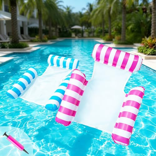 2 Pack Pool Inflatables for Adults, Lilo Pool Inflatables, 4 in 1 Water Hammock Swimming Pool Floats with Air Pump, Mesh Lounger Chair Pool Toys for Lazy River Beach
