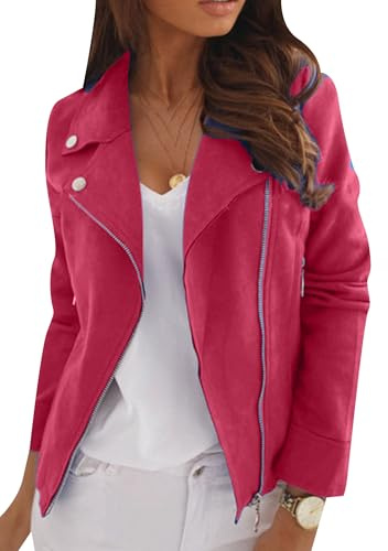 YMING Donne Giacca Con Cerniera Di Lavoro Tinta Unita Autunno Finto Suede In Vita Cinching Outerwear Giacca Da Lavoro Casual Rosso XL