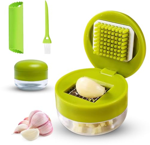 Lot de 3 presse-ail avec éplucheur d'ail en silicone et brosse de nettoyage, lames en acier inoxydable de qualité alimentaire, pour le nettoyage, pour ail écrasé, gingembre et fruits