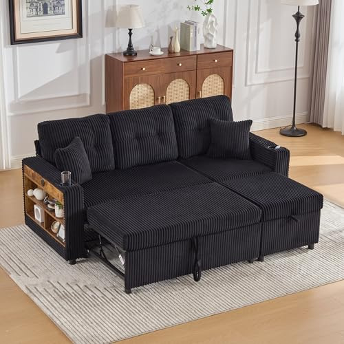FammyLoft Modulares Sofa mit Bettkasten, Schlafsofa mit Ausziehbett, Mehrfunktionales Schlafcouch mit USB-C, Ambientebeleuchtung, Getränkehaltern Wohlfühlbereiche, für Wohnzimmer, Schwarz
