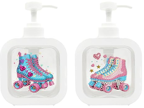 BAYUNOE 2Pcs Diamond Art Painting Pump Bottle Dispenser White Empty Shower Refillable Press Dispenser Liquid Soap Shampoo Pump Containers for Cosmetic Bathroom 10.56oz/300ml-Roller Skates