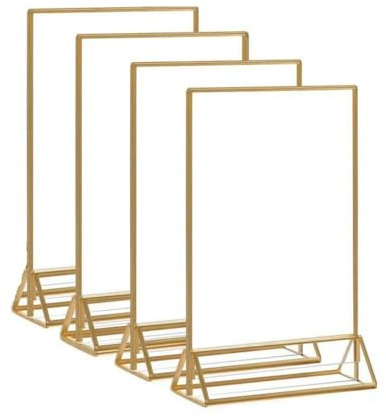 Aboiledy 4 Pcs Acrylic Sign Holder Gold Picture Frame, A6 Double Sided Table Menu Holders, Clear Display Stand, Table Number Stand, Acrylic Display Risers for Restaurant Signs,Wedding Table Numbers