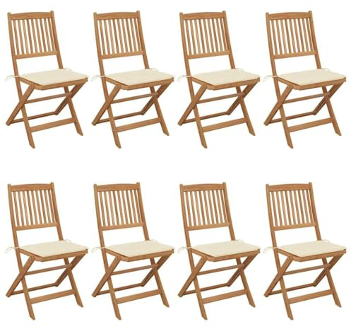 SooIarix Fällbara trädgårdsstolar, set om 8, massivt trä, akacia, krämvit kudde, 48,5 x 57 x 91 cm, balkongstolar, väderbeständiga