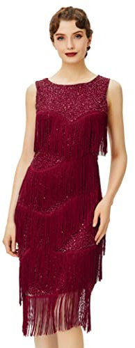 Coucoland 1920s Kleid Damen Runder Ausschnitt Elegant Abendkleid mit Multi Schichten Fransen 20er Jahre Retro Stil Great Gatsby Cocktail Party Damen Fasching Kostüm Kleid (Weinrot, XL)