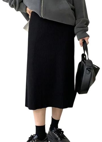 seiveini Gonna Tubino a Maglia in Lana Donna Autunno Invernale Caldo Gonna a Matita Elegante da Donna Gonna Lunga a Vita Alta con Spacco Elastico in Vita D Nero S