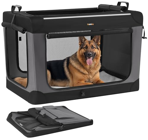 Feandrea Collapsible Dog Crate, 42-Inch Portable Dog Travel Crate for Large Dogs, Oxford Fabric Pet Carrier with 4 Mesh Doors, Handles, Storage Pocket, Water Bottle Holder, Ink Black UPDC021B01