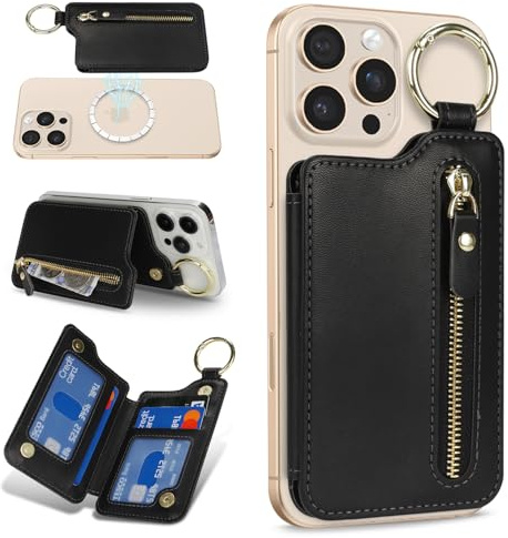 Ｈａｖａｙａ für Magsafe Wallet mit Kartenhalter Schlüsselring mit Reißverschluss iPhone 16/15/14/13/12/Pro/Max/Plus/Serie für Magsafe Ring- Schwarz