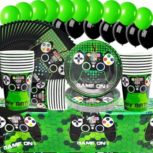 Ensemble de vaisselle de fête de jeu vidéo, accessoires de fête pour les amateurs de jeux, assiettes d'anniversaire, tasses, serviettes, nappe, ballon, jeu vidéo, accessoires de fête d'anniversaire
