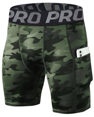 LANBAOSI Short de compression pour homme avec poche pour téléphone - Pour la course à pied, la gym, le yoga, l'athlétisme - Sous-vêtement d'été frais et sec, Vert militaire, Taille L