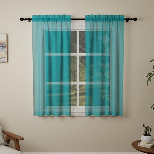 Pacok Teal Voile Curtains 54 Drop, 2 Panels Rod Pocket W56xL54 Inch | See Through Net Curtains for Windows Short Washable Sheer Curtain Panel for Living Room, Bedroom, Kitchen 142 x 137cm Drop