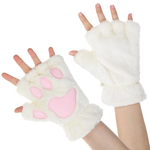 Sorcristy katttassar, handskar, fingerlösa vinterplyschhandskar, vita pälsdräktspsar, Kawaii-kläder, lurvig tass, sötsaker, kostym för flickor kvinnor 1 par