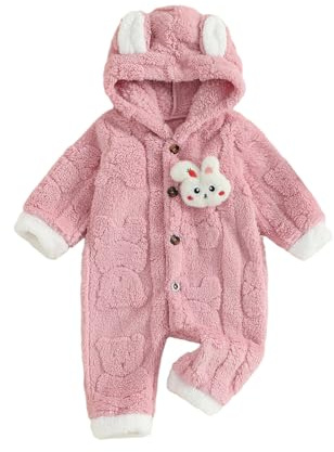 Newborn Baby Girl Romper Long Sleeve Button or Zipper Hooded Jumpsuit Cute Cartoon Bunny Snowsuit Fluffy Flannel Overalls Girls Winter Clothes (Pink, 0-3 Months)