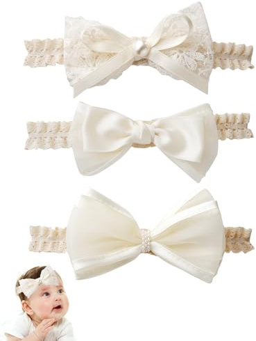 SOVYTH 3 Pezzi Fasce per Capelli Bambina, Fascetta Neonata Battesimo Elastici Grazioso Fiocco in Pizzo Fascia per Capelli Elegante Accessori per bambini Neonati Bambina Accessori Fasce