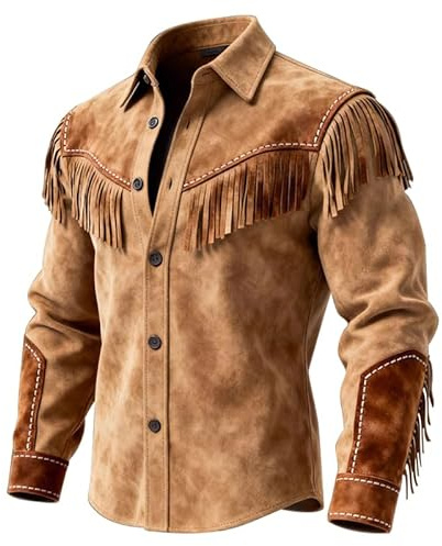 LLJYLYHRHD Men's Western Leather Shirts Jacket Fringes Long Sleeve Button Down Brown Suede Shirts Slim Fit Fringe Coat Top