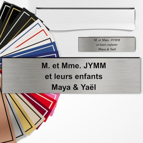 Placa de buzón, personalizable de 1 a 3 líneas, 10 x 2,5 cm, adhesivo de PVC, grabado láser, 22 colores, nombre grabado (acero cepillado, texto negro)