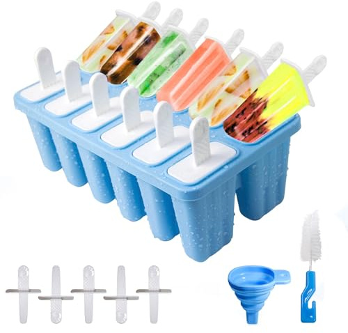 Silicone Ice Lolly Moulds with Sticks, Cleaning Brush and Folding Funnel