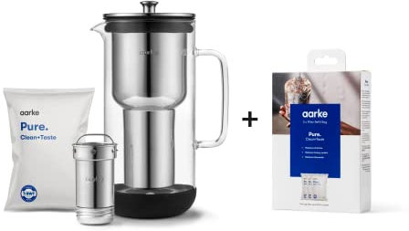 Aarke Purifier, Wasserfilterkaraffe aus Glas und Edelstahl, 2.4L + 3er-Pack Pure Filter Nachfüllbeutel