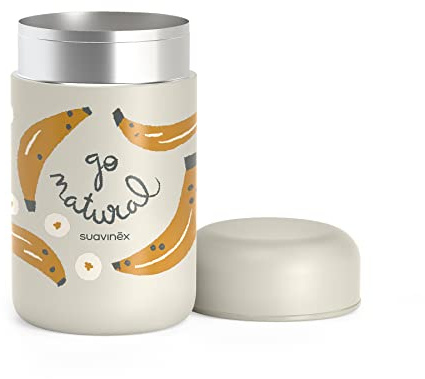 SUAVINEX, Thermoskanne Baby Unterwegs, Baby Thermosflasche, Thermobehälter für Essen, Speisegefäß Babynahrung, Edelstahl, Hermetisch verschlossen, 400 ml, Banane, Grau