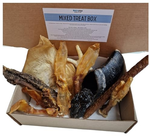 Natural Mixed Dog Treat and chew box – Balanced and healthy, variety containing chicken feet, rabbit ears, sausages, tripe, liver jerky, hoove, cow ear, pig ear strips