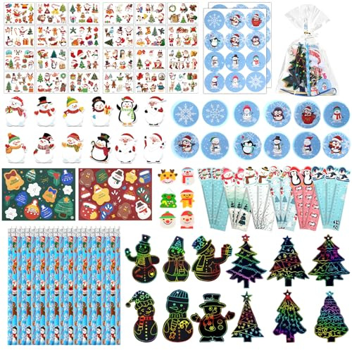 Whaline 280Pcs Winter Stationery Set Memo Pads Rulers Pencils Sharpeners Scratches Stickers Erasers Cellophane Treat Bags and Tags for Students Christmas Party Classroom Exchange Prizes, 24 Pack