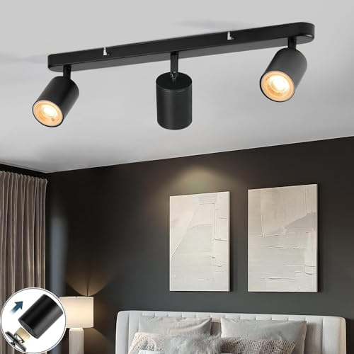 SGGSHENNAN 3 Light Track Lighting Kit Flexibly Rotatable Track Light Ceiling Kitchen LED Ceiling spot Light for Bedroom, Picture Wall, Hallway, Office, Bar, GU10 Socket (Black-3 Light)