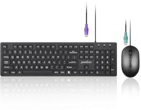 Perixx PERIDUO-117P, Teclado y ratón estándar PS2 con Cable - Diseño de tamaño Completo - Paquete con ratón óptico PS2 de 3 Botones - Cable de 5,9 pies - Negro
