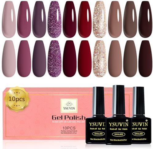 YSUVIN Smalto Semipermanente Unghie, 10 Colori Rosso Scuro Bordeaux Brillante Viola Marrone Glitter Champagne Oro Semipermanenti Soak Off UV/LED Per Autunno Inverno Nail Art Salone, 8 ML