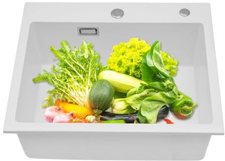 Lavello bianco in pietra di quarzo quadrato da incasso o sottopiano con filtro di scarico, lavabo da balcone sotto lavello della cucina con filtro di scarico 55 x 45 cm