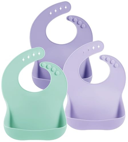 PandaEar Conjunto de 3 Baberos de Silicona para Bebés y Niños Pequeños, Sin BPA, Impermeables y Ajustables con Bolsillo Grande para Atrapar Comida (Menta Lila)