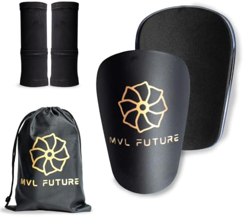 MVL FUTURE® Mini Espinilleras de Futbol + Bolsa Deportiva Almacenamiento + Medias de Compresión | Espinilleras Fútbol Pequeñas para Adultos, Mujeres, Niños y Niñas. (Negro)