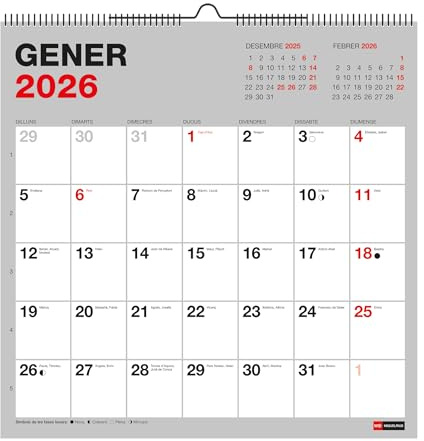 Miquelrius - Calendario 2026 de pared Basic, Organizador anual 300 x 300 mm, Con espacio para anotar, Encuadernación espiral doble, Planificador 12 meses, Catalán