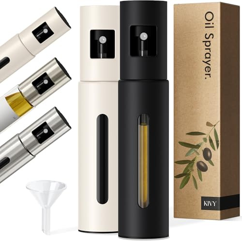 KIVY Glas Ölsprüher 2er Set - Präzise Öl Sprühflasche mit feinem Sprühnebel - Innovatives Spray mit Portionskontrolle - Öl Sprühflasche für Olivenöl & Speiseöl (Schwarz/Creme Weiß, 2er Set)
