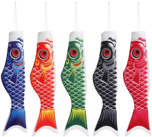 Hemobllo Japanische Karpfenflagge Koinobori Windsack Aus Satin Wasserdicht Für Gartendeko Party 5Er Set Mit Drahtmund Zum Aufhängen 14.57X3.94X1.97In
